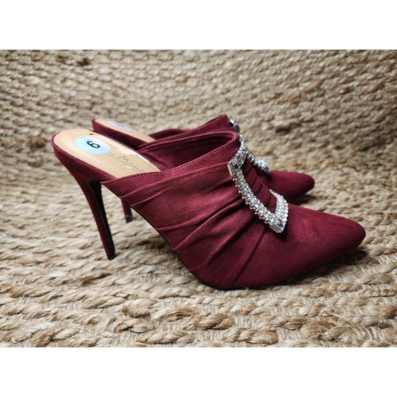 Anne Michelle Womens Slip On Mule High Heel Size 9 Rhinstone Buckle Burgundy Red - Picture 6 of 12